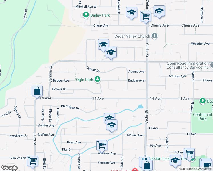 map of restaurants, bars, coffee shops, grocery stores, and more near 8073 Antelope Avenue in Mission
