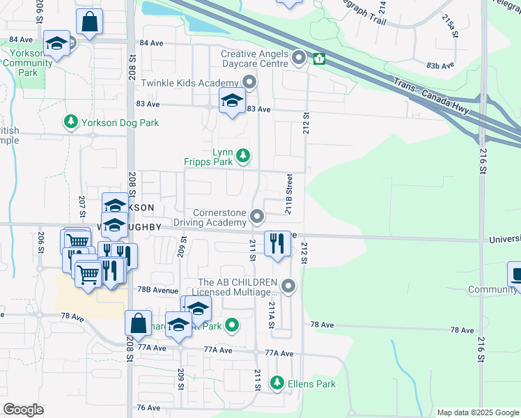 map of restaurants, bars, coffee shops, grocery stores, and more near 8049 211A Street in Langley Township