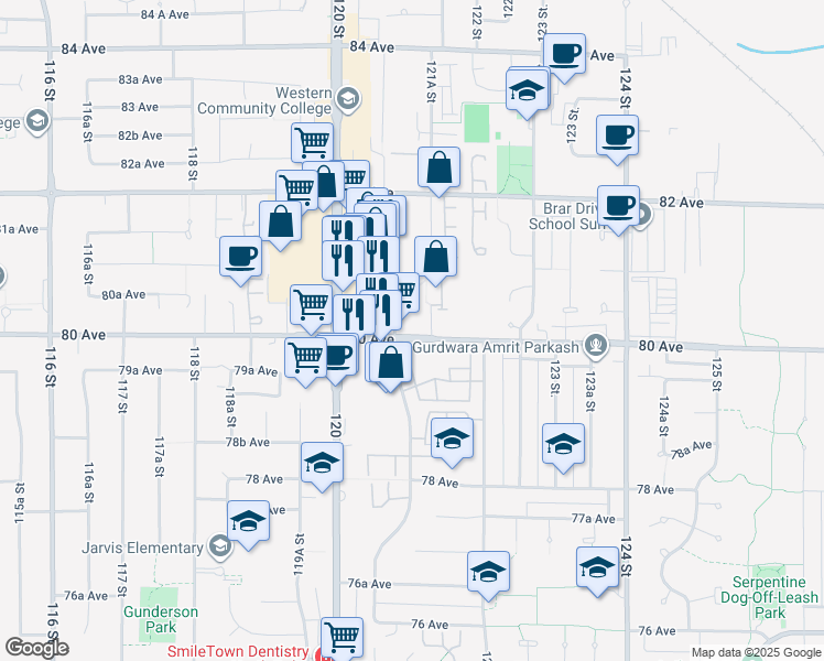 map of restaurants, bars, coffee shops, grocery stores, and more near 12101 80 Avenue in Surrey