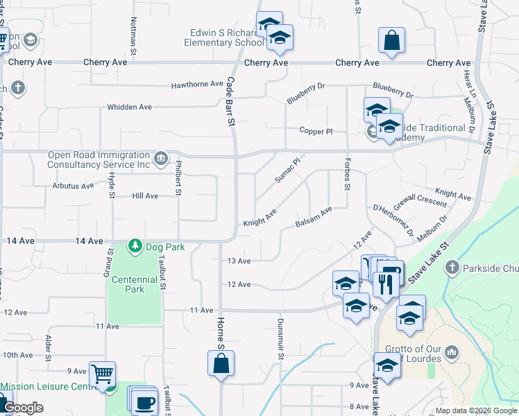 map of restaurants, bars, coffee shops, grocery stores, and more near 8074 Waxberry Crescent in Mission