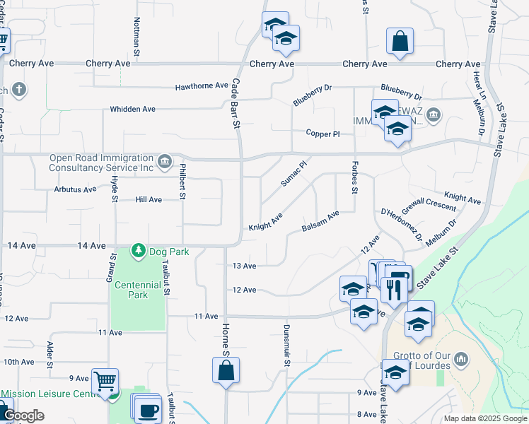 map of restaurants, bars, coffee shops, grocery stores, and more near 8074 Waxberry Crescent in Mission