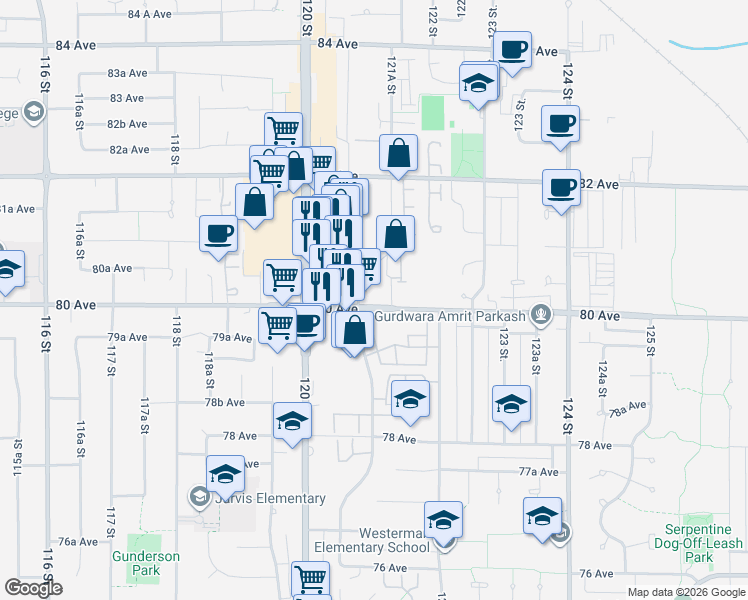 map of restaurants, bars, coffee shops, grocery stores, and more near 12101 80 Avenue in Surrey