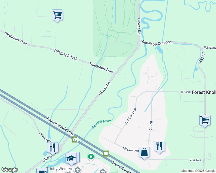 map of restaurants, bars, coffee shops, grocery stores, and more near 80 Glover Road in Langley City