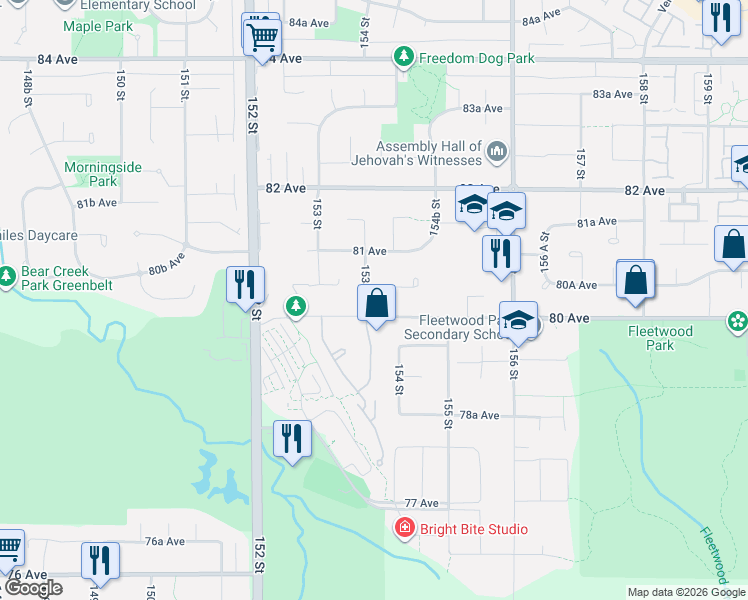 map of restaurants, bars, coffee shops, grocery stores, and more near 8030 153A Street in Surrey