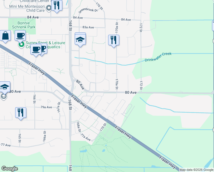 map of restaurants, bars, coffee shops, grocery stores, and more near 8015 170 Street in Surrey