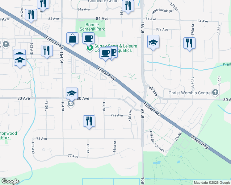map of restaurants, bars, coffee shops, grocery stores, and more near 8033 166B Street in Surrey