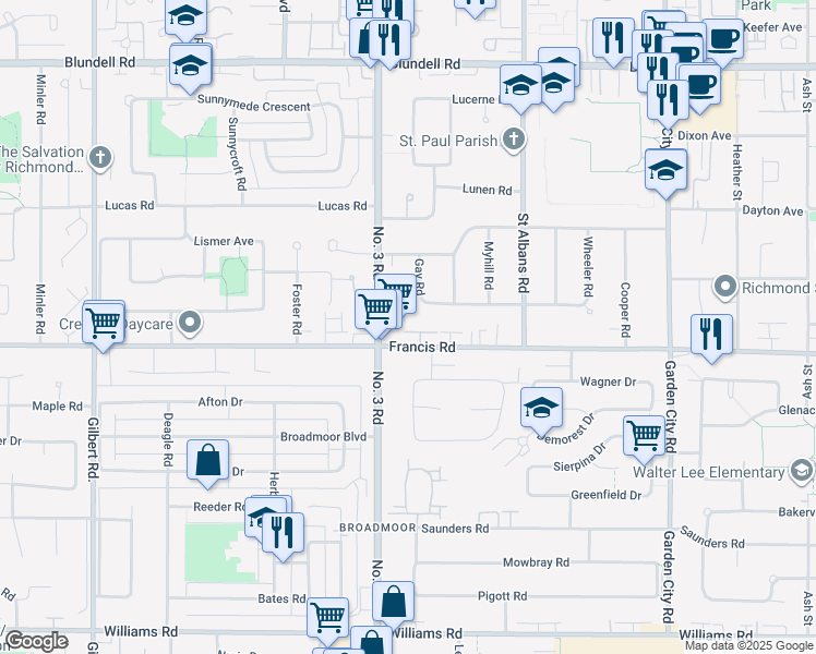 map of restaurants, bars, coffee shops, grocery stores, and more near 8111 Francis Road in Richmond