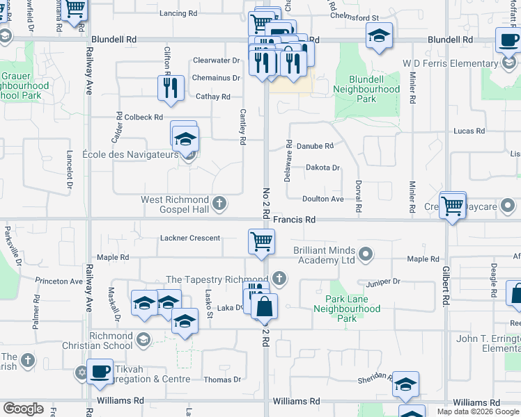 map of restaurants, bars, coffee shops, grocery stores, and more near 8751 Number 2 Road in Richmond