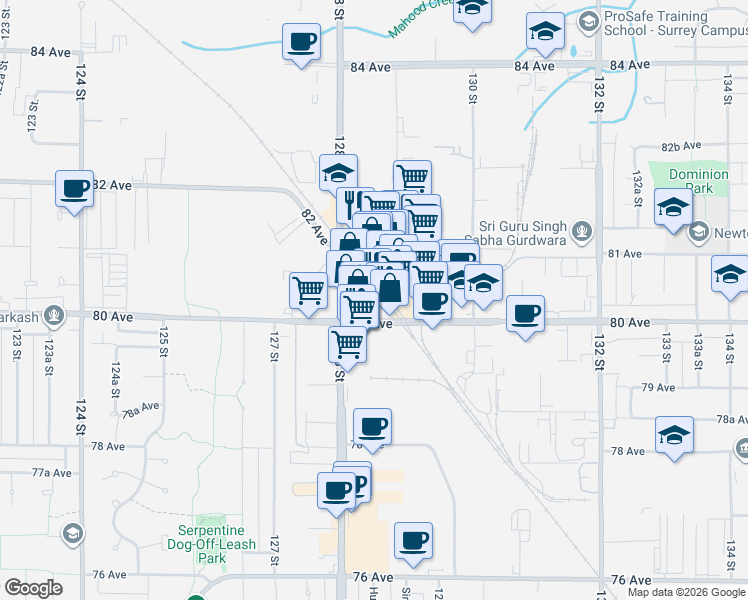 map of restaurants, bars, coffee shops, grocery stores, and more near 8050 128 Street in Surrey