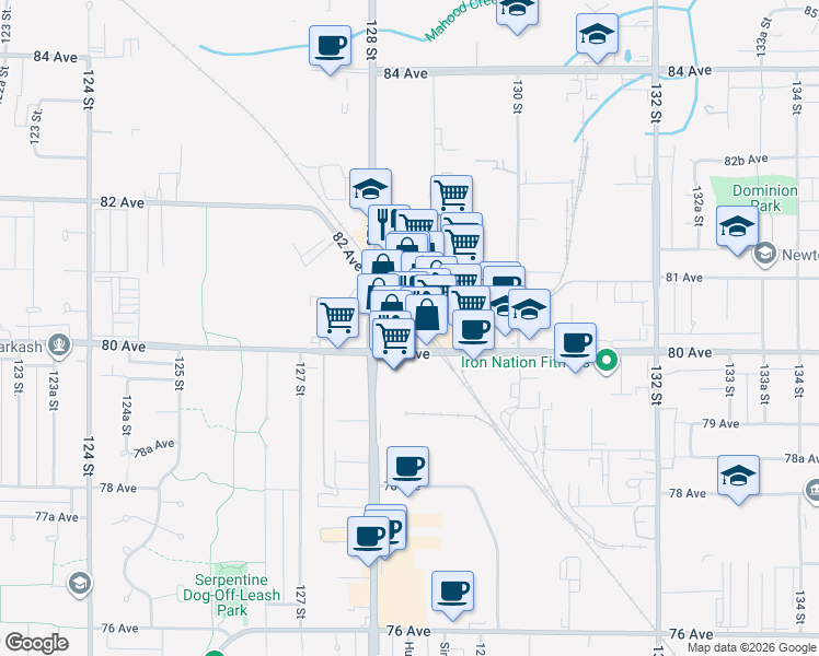 map of restaurants, bars, coffee shops, grocery stores, and more near 8050 128 Street in Surrey