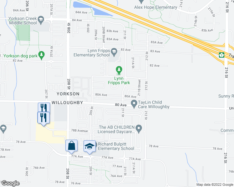 map of restaurants, bars, coffee shops, grocery stores, and more near 21030 80A Avenue in Langley