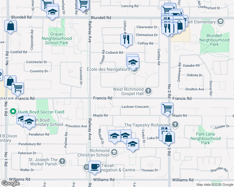 map of restaurants, bars, coffee shops, grocery stores, and more near in Richmond