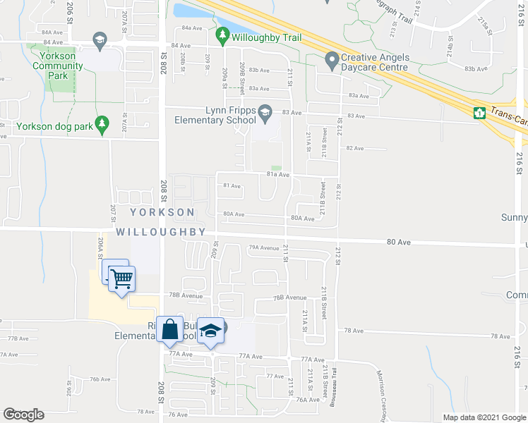 map of restaurants, bars, coffee shops, grocery stores, and more near 21033 80A Avenue in Langley City