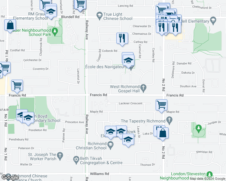 map of restaurants, bars, coffee shops, grocery stores, and more near 8800 Carrick Road in Richmond