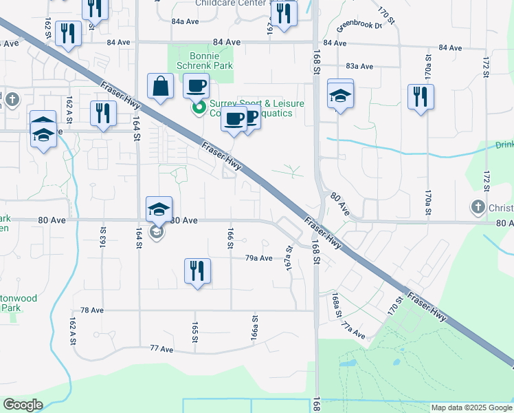 map of restaurants, bars, coffee shops, grocery stores, and more near in Surrey