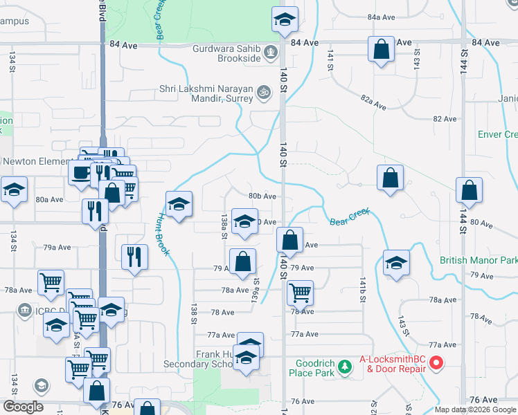 map of restaurants, bars, coffee shops, grocery stores, and more near 13941 80A Avenue in Surrey