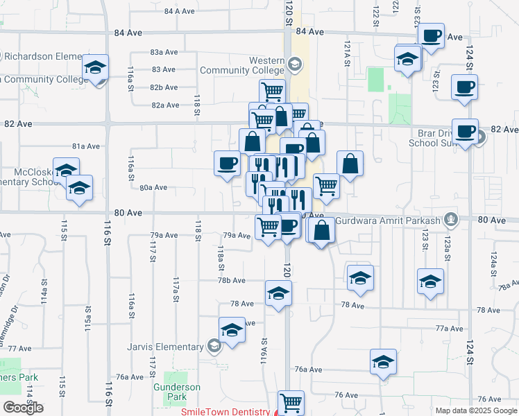 map of restaurants, bars, coffee shops, grocery stores, and more near 11957 80 Avenue in Delta