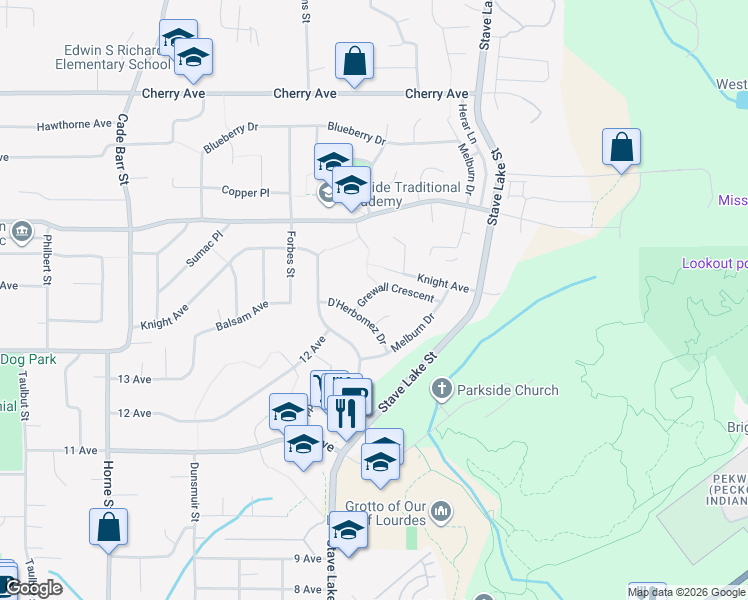 map of restaurants, bars, coffee shops, grocery stores, and more near 33720 Grewall Crescent in Mission