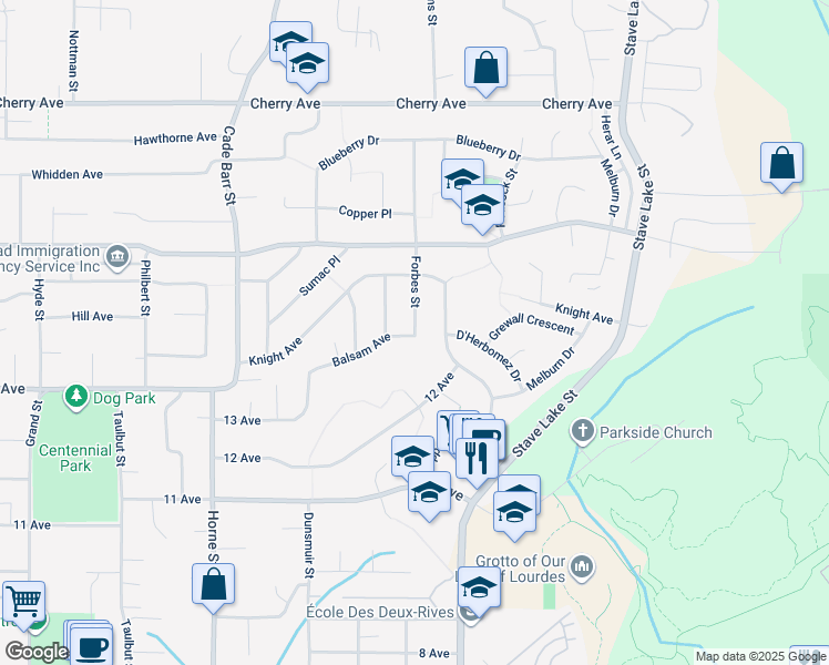 map of restaurants, bars, coffee shops, grocery stores, and more near 8091 Forbes Street in Mission
