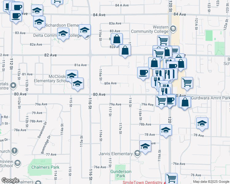 map of restaurants, bars, coffee shops, grocery stores, and more near 11721 80 Avenue in Delta