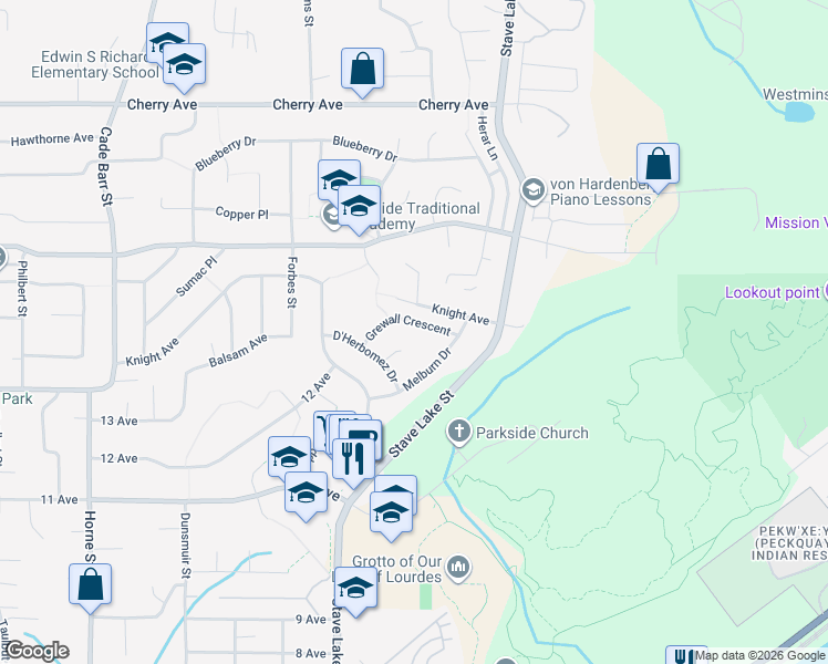 map of restaurants, bars, coffee shops, grocery stores, and more near 33772 Grewall Crescent in Mission