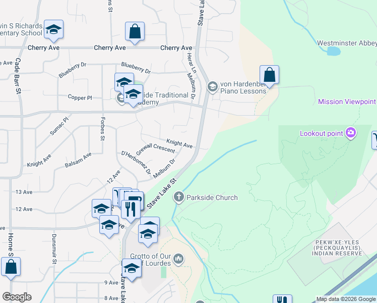 map of restaurants, bars, coffee shops, grocery stores, and more near 33852 Knight Avenue in Mission