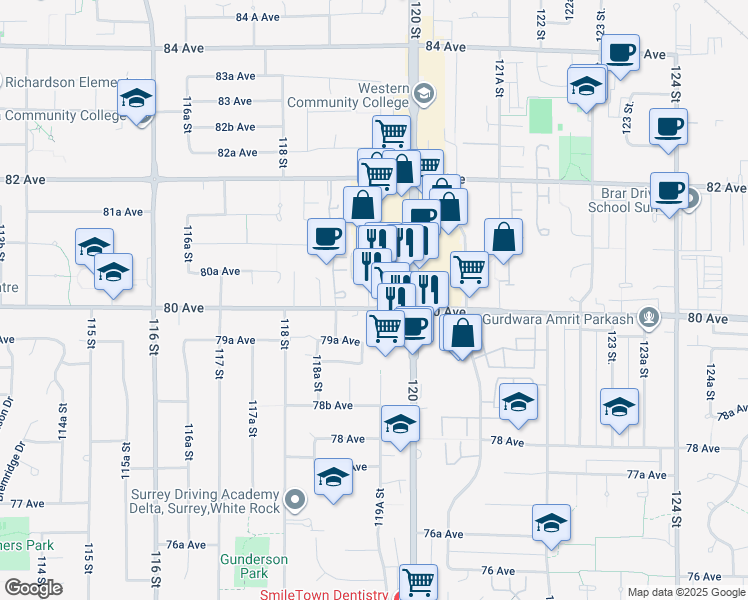 map of restaurants, bars, coffee shops, grocery stores, and more near 11941 80 Avenue in Delta