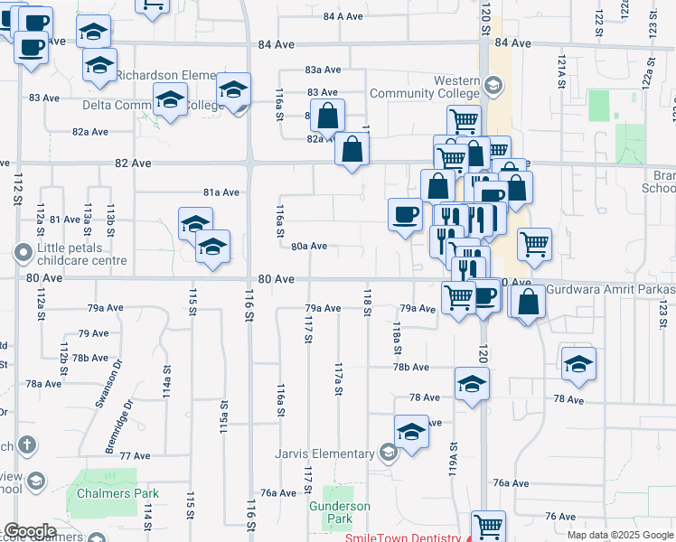 map of restaurants, bars, coffee shops, grocery stores, and more near 11739 80 Avenue in Delta