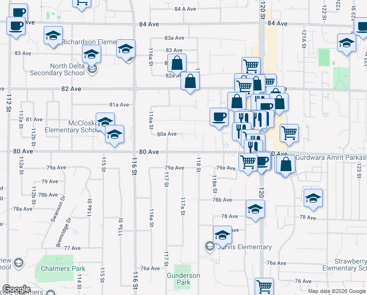 map of restaurants, bars, coffee shops, grocery stores, and more near 11741 80 Avenue in Delta