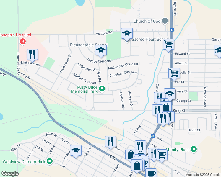 map of restaurants, bars, coffee shops, grocery stores, and more near 1416 Nicholson Road in Estevan