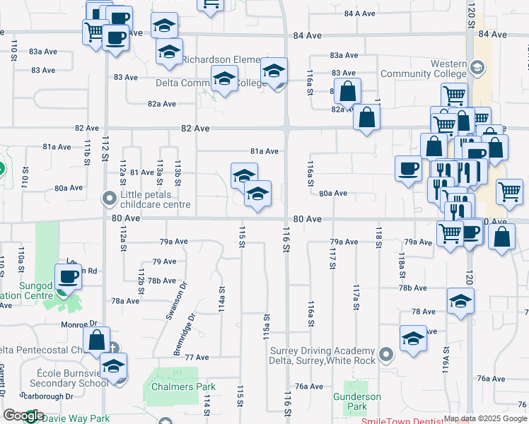 map of restaurants, bars, coffee shops, grocery stores, and more near 11551 80 Avenue in Delta