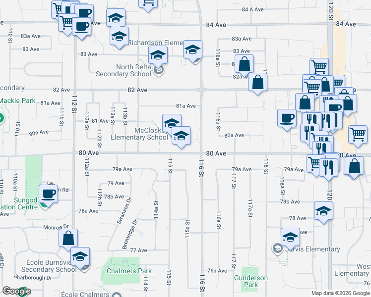 map of restaurants, bars, coffee shops, grocery stores, and more near 11551 80 Avenue in Delta