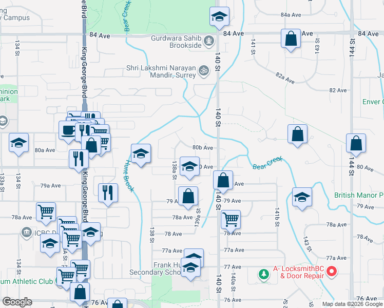 map of restaurants, bars, coffee shops, grocery stores, and more near 8037 139A Street in Surrey