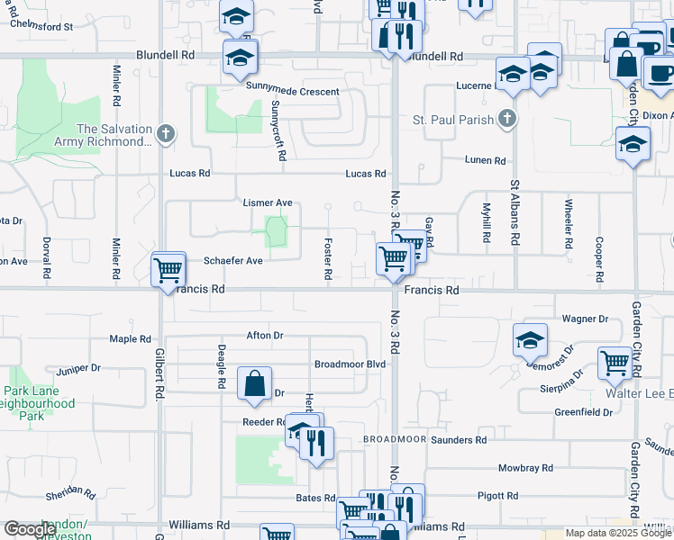 map of restaurants, bars, coffee shops, grocery stores, and more near 8940 Foster Road in Richmond