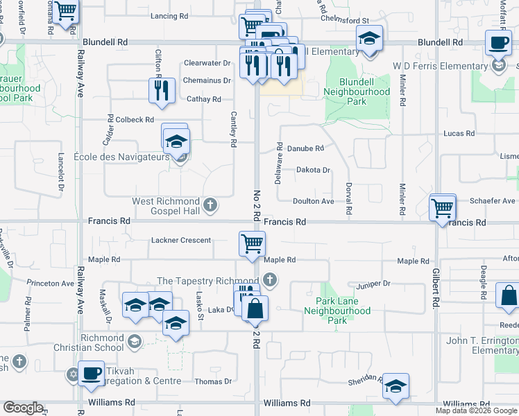 map of restaurants, bars, coffee shops, grocery stores, and more near 8766 Number 2 Road in Richmond