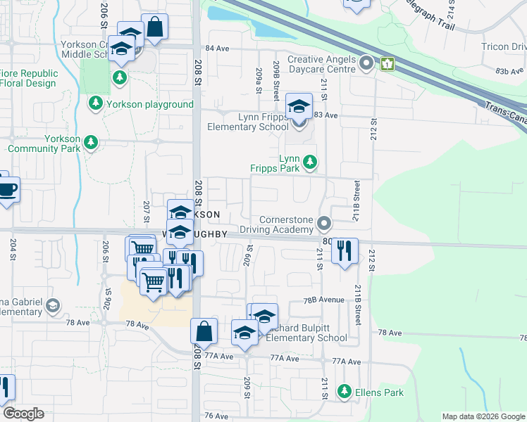 map of restaurants, bars, coffee shops, grocery stores, and more near in Langley Township