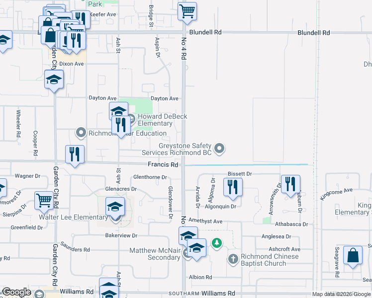 map of restaurants, bars, coffee shops, grocery stores, and more near 8880 Number 4 Road in Richmond