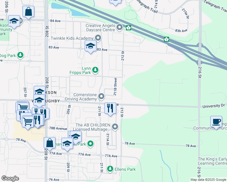 map of restaurants, bars, coffee shops, grocery stores, and more near 21168 80B Avenue in Langley Township