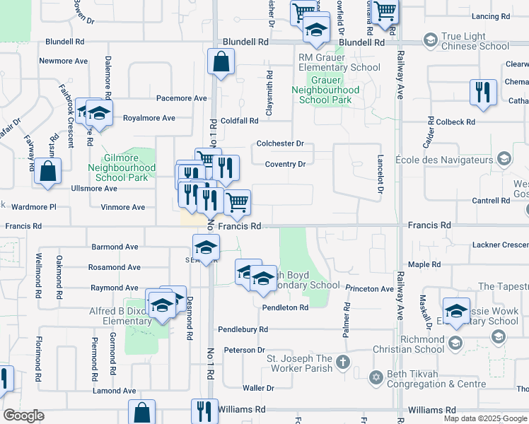 map of restaurants, bars, coffee shops, grocery stores, and more near 4228 Craigflower Drive in Richmond