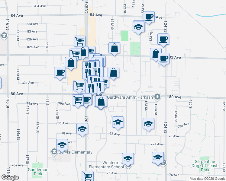 map of restaurants, bars, coffee shops, grocery stores, and more near 12130 80 Avenue in Surrey