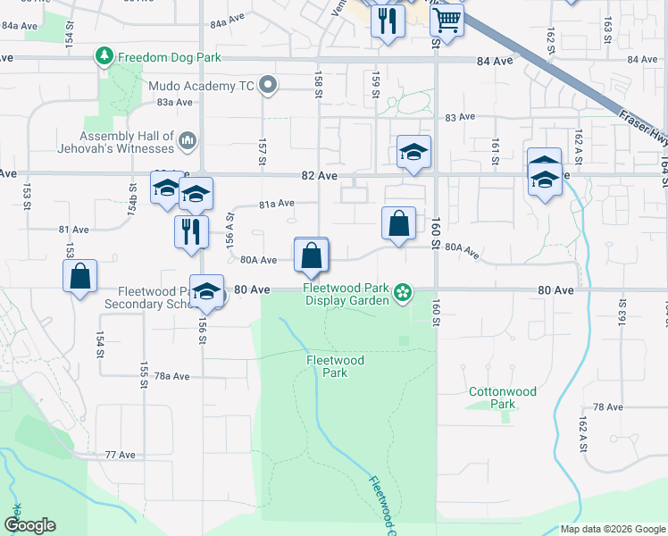 map of restaurants, bars, coffee shops, grocery stores, and more near 15830 80A Avenue in Surrey