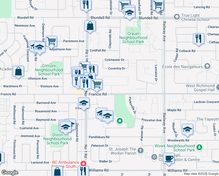 map of restaurants, bars, coffee shops, grocery stores, and more near 8951 Craigflower Gate in Richmond