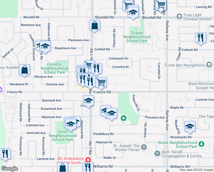 map of restaurants, bars, coffee shops, grocery stores, and more near 4200 Craigflower Drive in Richmond
