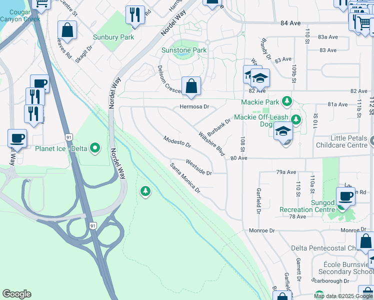 map of restaurants, bars, coffee shops, grocery stores, and more near 8013 Modesto Drive in Delta