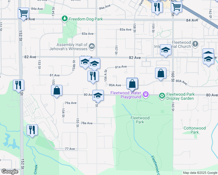 map of restaurants, bars, coffee shops, grocery stores, and more near 15660 80A Avenue in Surrey