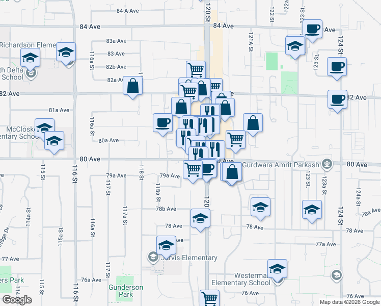 map of restaurants, bars, coffee shops, grocery stores, and more near 11967 80 Avenue in Delta