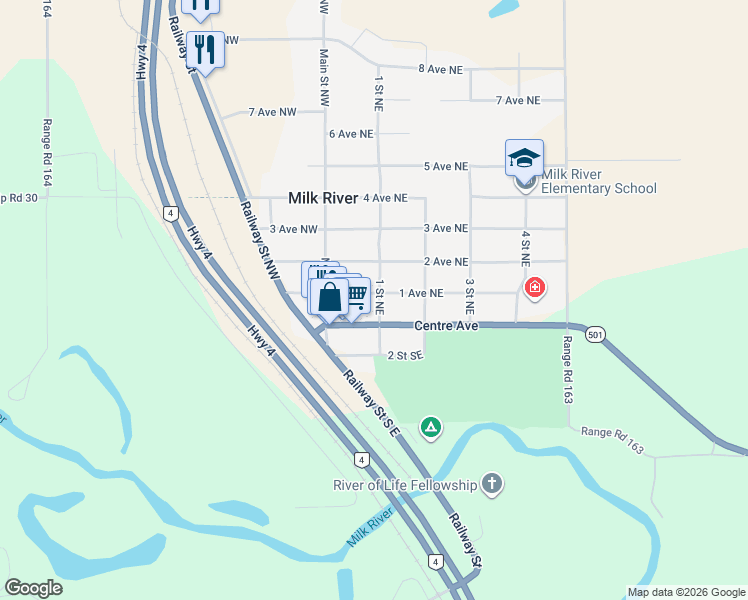 map of restaurants, bars, coffee shops, grocery stores, and more near 105 1 Street Northeast in Milk River