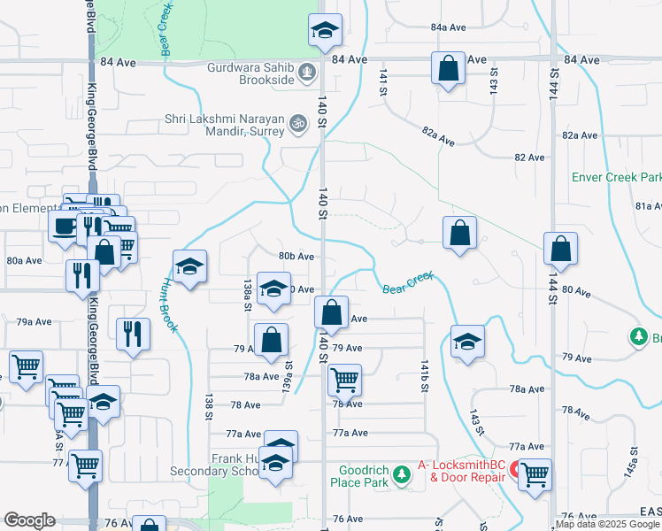 map of restaurants, bars, coffee shops, grocery stores, and more near 8048 140 Street in Surrey