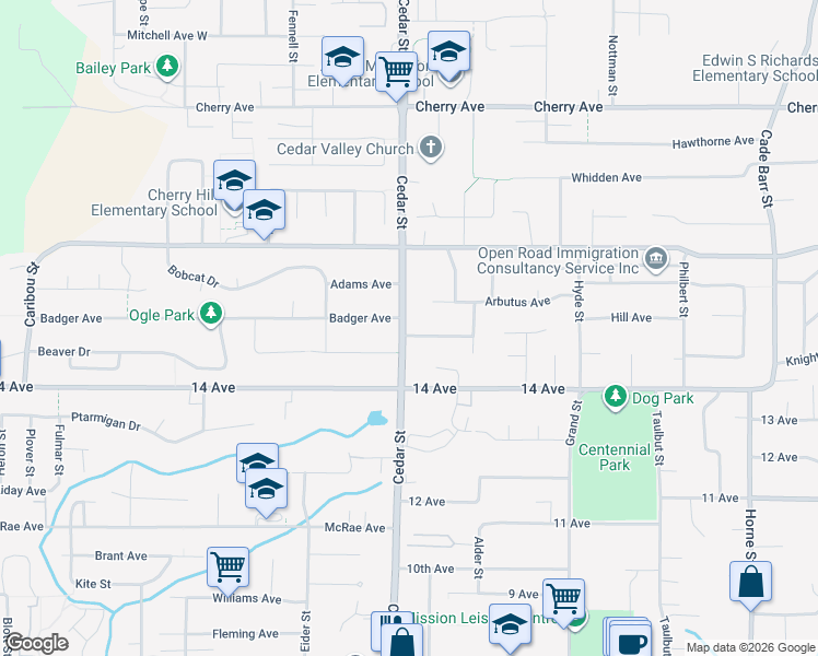 map of restaurants, bars, coffee shops, grocery stores, and more near 8086 Cedar Street in Mission