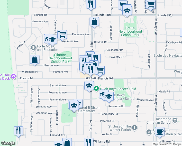 map of restaurants, bars, coffee shops, grocery stores, and more near Number 1 Road in Richmond